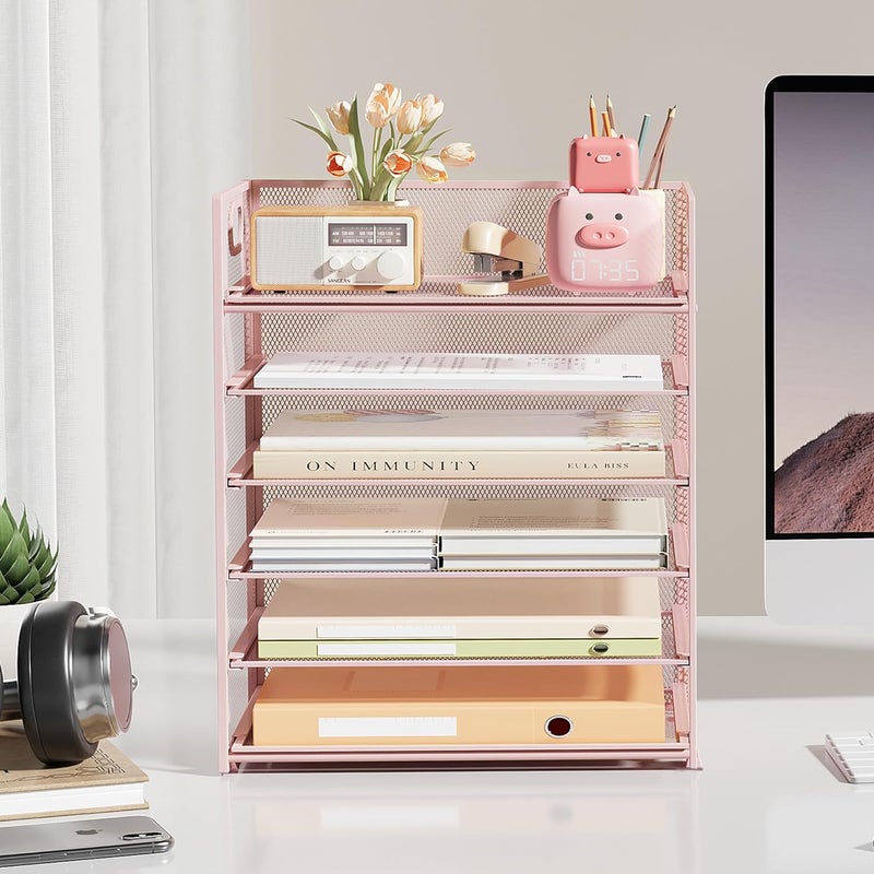 SUBEKYU 6 Tier Office File Paper Desk Tray Organizer with Handle, Stackable Slide Mesh Letter Tray Folder Pink Desk Organizer, Desktop Document Sorter for Classroom, Office, Home Supplies Storage - Image 3